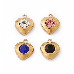 Mixed Color 304 Stainless Steel Pendants, with Rhinestone, Heart, Golden, Mixed Color, 10.5x9.5x4mm, Hole: 1.4mm