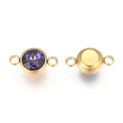 Amethyst K9 Glass Links connectors, Faceted, with 304 Stainless Steel Findings, Ion Plating (IP), Flat Round, Golden, Amethyst, 17.5x10x6.5mm, Hole: 2.5mm