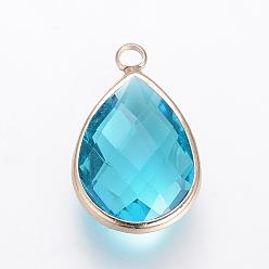 Sky Blue Glass Pendants, with Brass Findings, Faceted, Drop, Light Gold, Sky Blue, 14x7.5x4mm, Hole: 1.8~2.3mm
