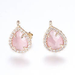Pearl Pink Brass Micro Pave Cubic Zirconia Stud Earring Findings, with Loop, Cat Eye, Teardrop, Golden, Pearl Pink, 16.5mm, Hole: 1mm, Pin: 0.8mm