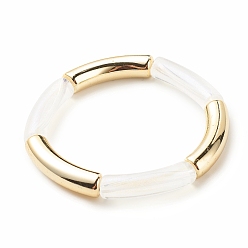 Gold Acrylic Curved Tube Chunky Stretch Bracelet for Women, Gold, Beads: 31x7.5x9.5mm, Inner Diameter: 2 inch(5.1cm)