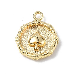 Real 18K Gold Plated & Gunmetal Brass Pendants, Textured, Real 18K Gold Plated, Flat Round with Playing Cards Charm, Spade, 15.5x12.5x2.5mm, Hole: 1.4mm