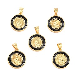 Black Brass Enamel Pendants, Cadmium Free & Lead Free, Long-Lasting Plated, Flat Round with Virgin Mary, Real 18K Gold Plated, Black, 18x16x2.5mm, Hole: 4.5x3.5mm