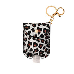 Silver Plastic Hand Sanitizer Bottle with PU Leather Cover, Portable Travel Squeeze Bottle Keychain Holder, Leopard Print Pattern, Silver, 100x70mm