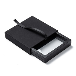 Black Square Transparent PE Thin Film Suspension Jewelry Display Stands, with Polyester Ribbon & Paper Outer Box, for Ring Necklace Bracelet Earring Storage, Black, 11x11x2cm