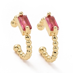 Pink Golden Plated Brass Micro Pave Cubic Zirconia Cuff Earrings, Long-Lasting Plated, Pink, 15x2~3mm