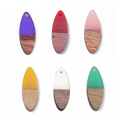 Mixed Color Resin & Walnut Wood Pendants, Horse Eye, Mixed Color, 28x9.5x3.5~4mm, Hole: 1.8mm