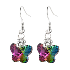 Colorful Platinum Tone Brass Butterfly Electroplate Glass Beads Dangle Earrings, Colorful, 36mm, Pin: 0.6mm