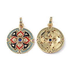 Real 18K Gold Plated Brass Micro Pave Cubic Zirconia Pendants, with Colorful Enamel, Flat Round with Flower Charms, Real 18K Gold Plated, 23.5x20x2.5mm, Hole: 4.3mm