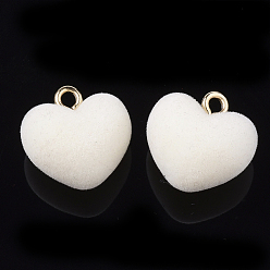 Creamy White Flocky Acrylic Pendants, with Brass Loops, Heart, Golden, Creamy White, 18.5x18x13mm, Hole: 2.5mm