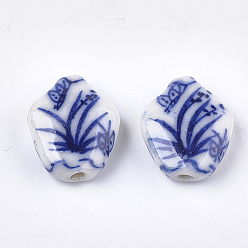 Blue Handmade Porcelain Beads, Blue and White Porcelain, Grass, Blue, 18x15x6mm, Hole: 1.6mm
