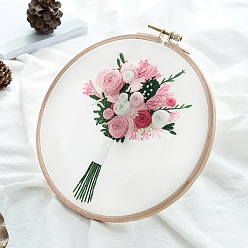 Pink Flower Bouquet Pattern 3D Embroidery Starter Kits, including Embroidery Fabric & Thread, Needle, Instruction Sheet, Pink, 290x290mm