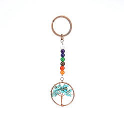 Synthetic Turquoise Flat Round with Tree of Life Synthetic Turquoise Chips Keychains, with Chakra Round Gemstone and Brass Findings, for Car Backpack Pendant Accessories, 10.5cm