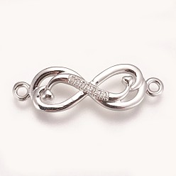 Platinum Brass Micro Pave Cubic Zirconia Links, Double Infinity, Clear, Platinum, 9x29x3mm, Hole: 1.5mm