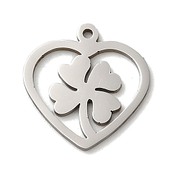 Clover 201 Stainless Steel Pendants, Laser Cut, Stainless Steel Color, Heart Charm, Clover, 15x14x1mm, Hole: 1mm