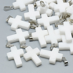 White Jade Natural White Jade Pendants, with Stainless Steel Snap On Bails, Cross, 29~30x18~19x5~6mm, Hole: 6x4mm