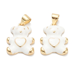 White Brass Enamel Pendants, Real 18K Gold Plated, Long-Lasting Plated, Bear with Heart, White, 18x13.5x4mm, Hole: 5x3.5mm
