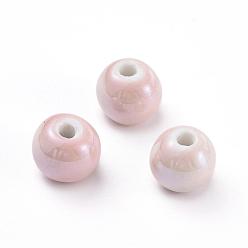 Pink Perles en porcelaine manuelles, nacré, ronde, rose, 14mm, Trou: 2.5~4mm