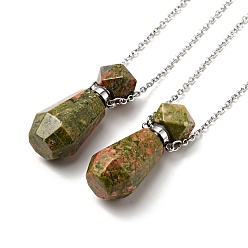 Unakite Openable Faceted Natural Unakite Perfume Bottle Pendant Necklaces for Women, 304 Stainless Steel Cable Chain Necklaces, Stainless Steel Color, 18.74 inch(47.6cm)