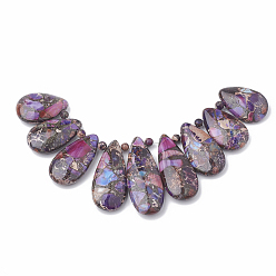 Violet Bleu Ligne de perles de jaspe impérial en or synthétique, pendentifs éventails gradués, perles focales, larme, teint, bleu violet, 24~45x15~16x6~7mm, Trou: 1.5mm, 9 pièces / kit, 5.31 pouce