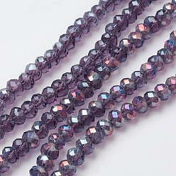 Purple Electroplate Glass Beads Strands, Full Rainbow Plated, Faceted, Rondelle, Purple, 4~4.5x3mm, Hole: 0.5mm, about 130~135pcs/strand, 15.5~16 inch(39~40cm)