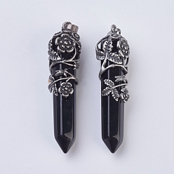 Black Agate Natural & Dyed Black Agate Pointed Pendants, with Antique Silver Plated Brass Findings, Faceted, Bullet, Flower, 58~61x15~17mm, Hole: 5x7mm