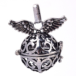 Antique Silver Rack Plating Brass Cage Pendants, For Chime Ball Pendant Necklaces Making, Hollow Round with Wing, Antique Silver, 30x31x21mm, Hole: 3.5x8mm, inner measure: 19mm