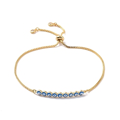 Deep Sky Blue Enamel Evil Eye Link Slider Bracelet with Cubic Zirconia, Real 18K Gold Plated Brass Lucky Jewelry for Women, Deep Sky Blue, Inner Diameter: 1/2~3-1/4 inch(1.2~8.3cm)