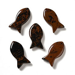 Obsidienne Acajou Acajou naturel pendentifs en obsidienne, charmes de poissons, 39x20x7~7.5mm, Trou: 2.3mm