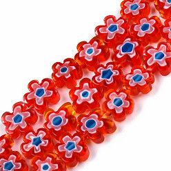 Red Handmade Millefiori Glass Bead Strands, Plum Bossom, Red, 9.5~12x9.5~12.5x4~4.5mm, Hole: 1.5mm, about 39pcs/strand, 15.94 inch~16.14 inch(40.5~41cm)