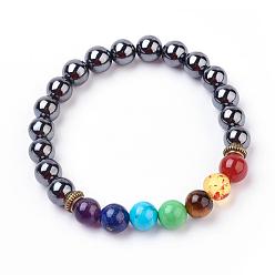 Mixed Material Gemstone Stretch Bracelets, Round, Chakra Beaded Bracelets, with Alloy Findings, 2 inch(51mm)