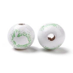 Vert Clair Perles européennes en bois imprimé sur le thème de pâques, Perles avec un grand trou   , rond avec motif lapin, vert clair, 16x14.5mm, Trou: 4mm