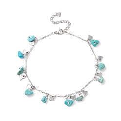 Synthetic Turquoise Synthetic Turquoise Chips & Heart Charms Anklet, 304 Stainless Steel Jewelry for Women, 9~9-1/8 inch(22.8~23cm)