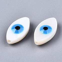 Dodger Blue Natural Freshwater Shell Beads, with Enamel, Enamelled Sequins, Horse Eye with Evil Eye, Dodger Blue, 14x7.5x4.5mm, Hole: 0.8mm