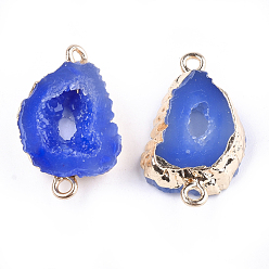 Blue Electroplate Druzy Resin Links connectors, with Iron Findings, Nuggets, Light Gold, Blue, 26x15~16x6~7mm, Hole: 1mm
