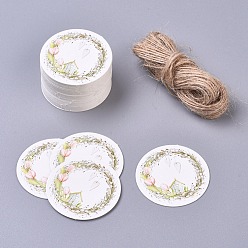Colorful Paper Gift Tags, Hange Tags, For Arts and Crafts, with Jute Twine, Flat Round with Garland Pattern, Colorful, 40x0.5mm, 50pcs/set