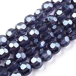 Dark Slate Blue Electroplate Glass Bead Strands, Pearl Luster Plated, Faceted(32 Facets), Round, Dark Slate Blue, 4mm