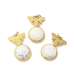 Howlite Bee Natural Howlite Pendants, with Ion Plating(IP) Golden Tone 304 Stainless Steel Findings, Half Round Charm, 20x13x6mm, Hole: 2.7mm