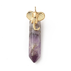 Amethyst Elephant Natural Amethyst Pointed Pendants, with Ion Plating(IP) Platinum & Golden Tone 304 Stainless Steel Findings, Faceted Bullet Charm, 42mm, Elephant: 19x14x3.5mm, Bullet: 32.5x8x8.5mm, Hole: 2.7mm