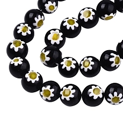 Negro Cuentas de vidrio millefiori handmade hilos, redondo con estampado de flores, negro, 10 mm, agujero: 1.2 mm, sobre 36~38 unidades / cadena, 13.78 pulgada ~ 14.88 pulgada (35 cm ~ 37.8 cm)