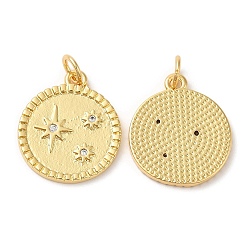 Real 18K Gold Plated Eco-Friendly Brass Micro Pave Clear Cubic Zirconia Pendants, with Jump Ring, Lead Free & Cadmium Free, Flat Round with Star, Real 18K Gold Plated, 19x16x2mm, Hole: 3mm