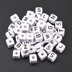 Letter  Perles européennes acryliques grand trous, trou horizontal, blanc et noir, cube avec la lettre, lettres mixtes aléatoires, 6x6x6mm, Trou: 4mm, environ2950 pcs / 500 g