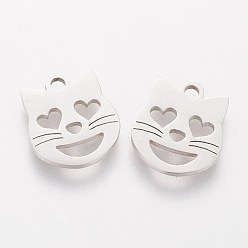 Stainless Steel Color 201 Stainless Steel Kitten Charms, Laser Cut, Cat Head with Heart Shape, Stainless Steel Color, 12.4x10.5x1.5mm, Hole: 1.5mm
