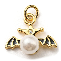 Real 18K Gold Plated Brass Enamel Pendants, with Plastic Imitation Pearls and Jump Ring, Long-Lasting Plated, Lead Free & Cadmium Free, Wing Charm, Real 18K Gold Plated, 13.5x15.5x7mm, Hole: 3.2mm