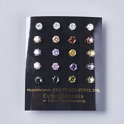 Mixed Color Cubic Zirconia Stud Earrings, with 304 Stainless Steel Findings, Mixed Color, 14x5mm, Pin: 0.6mm