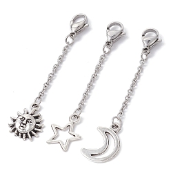 Antique Silver & Stainless Steel Color Tibetan Style Alloy Pendant Decoration, with 304 Stainless Steel Lobster Claw Clasps, Sun/Moon/Star, Antique Silver & Stainless Steel Color, 55~57x2mm, 3pcs/set