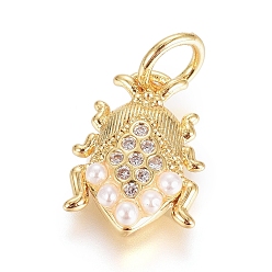 Real 18K Gold Plated Brass Micro Pave Cubic Zirconia Pendants, Long-Lasting Plated, with Shell Pearl and Jump Ring, Insect, Clear, Real 18K Gold Plated, 12x8.5x2.5mm, Hole: 3.5mm