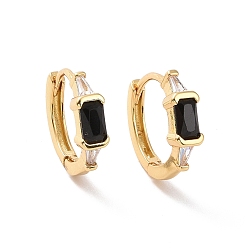 Black Cubic Zirconia Rectangle Hoop Earrings, Real 18K Gold Plated Brass Jewelry for Women, Cadmium Free & Nickel Free & Lead Free, Black, 13x14.5x4mm, Pin: 0.8mm