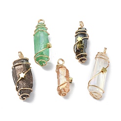 Golden Electroplated Natural Quartz Crystal Pendants, Copper Wire Wrapped Nuggets Charms, Mixed Color, Golden, 29~41x8~13.5x8~13mm, Hole: 3~4mm