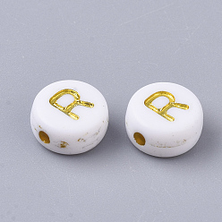 Letter R Perles acryliques plaquées, métal doré enlaça, trou horizontal, rond et plat avec alphabet, blanc, letter.r, 7x3.5mm, Trou: 1.2mm, environ3600 pcs / 500 g